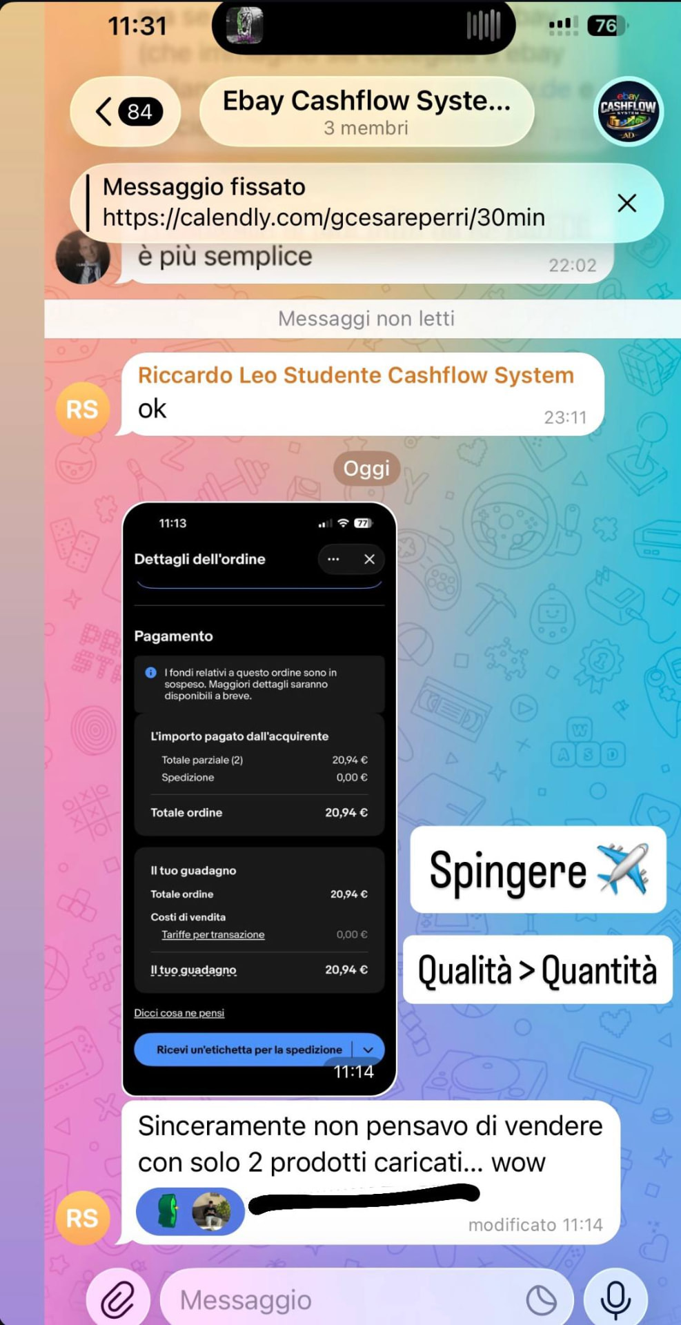 Screenshot testimonianza studente eBay Cashflow System 3