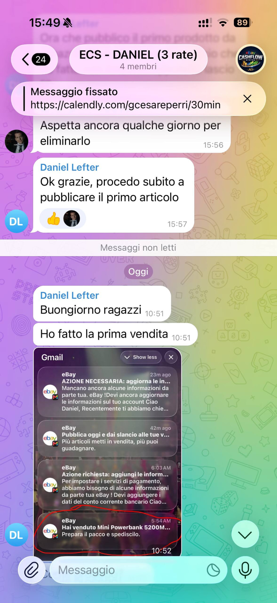 Screenshot testimonianza studente eBay Cashflow System 21