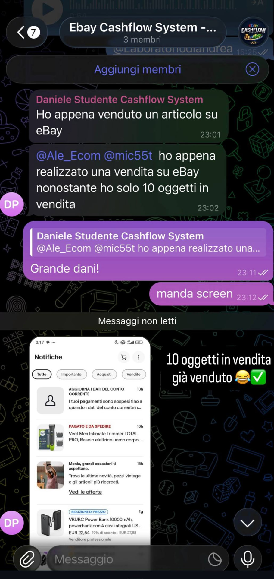 Screenshot testimonianza studente eBay Cashflow System 5