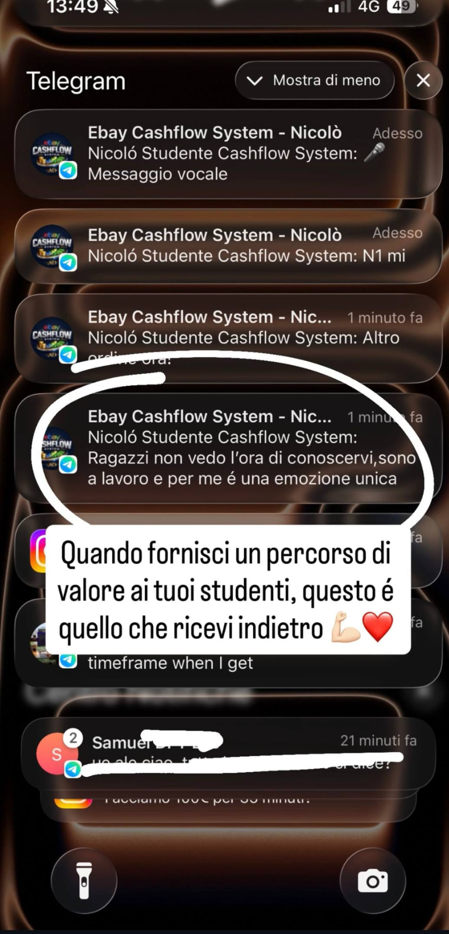 Screenshot testimonianza studente eBay Cashflow System 1