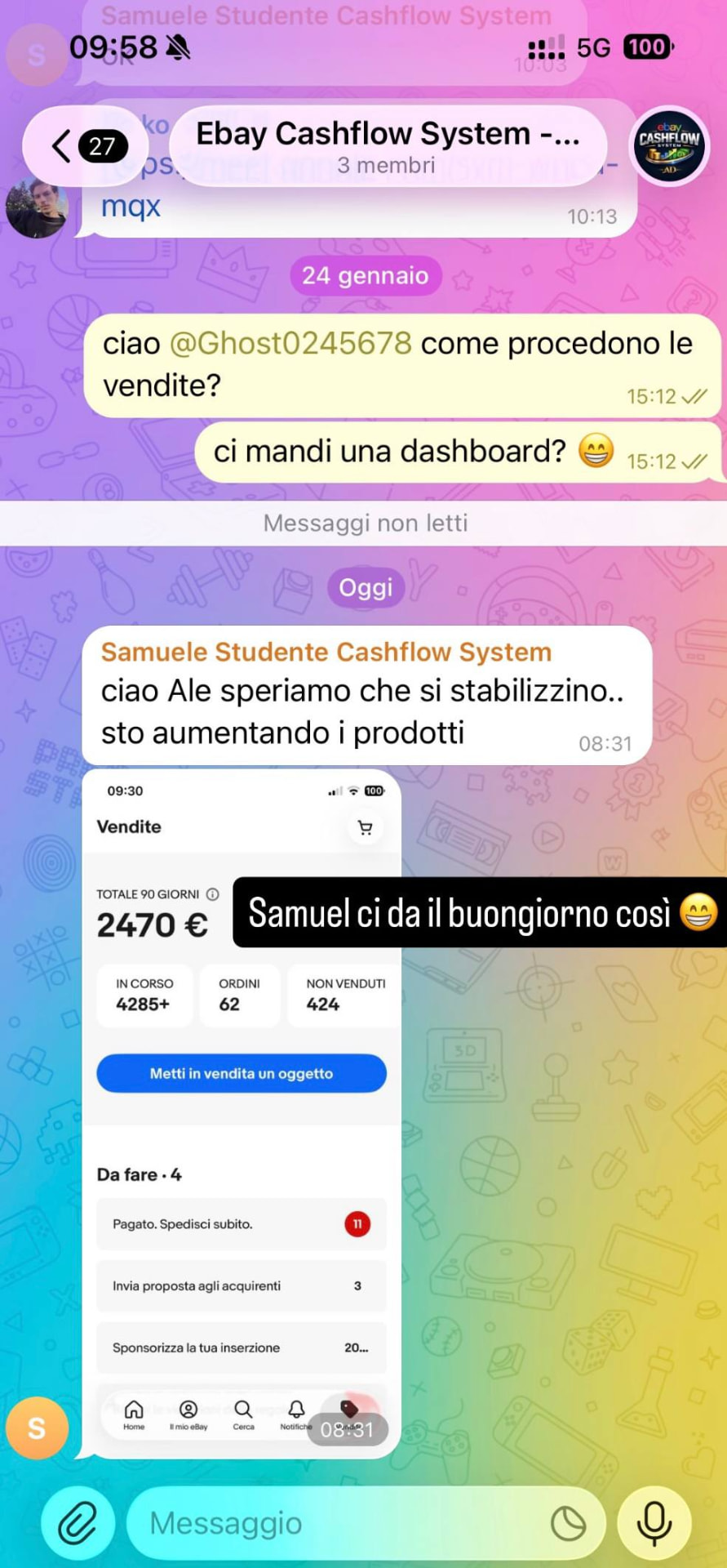 Screenshot testimonianza studente eBay Cashflow System teaser 1