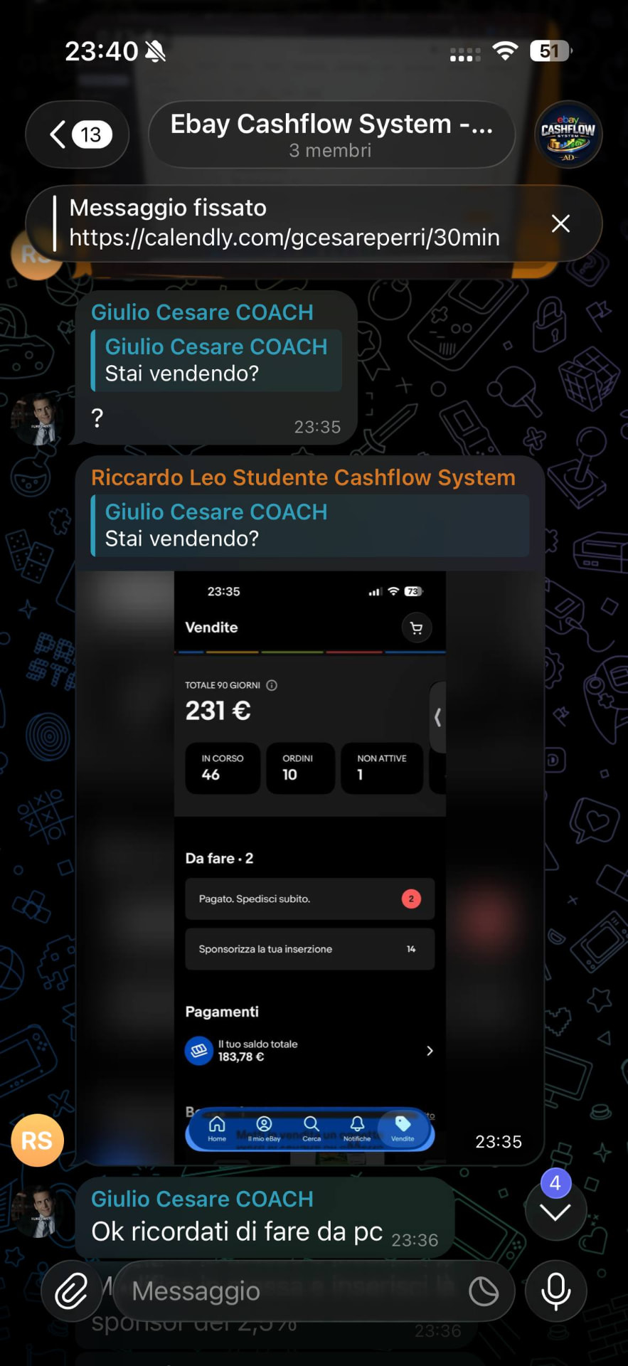 Screenshot testimonianza studente eBay Cashflow System 11