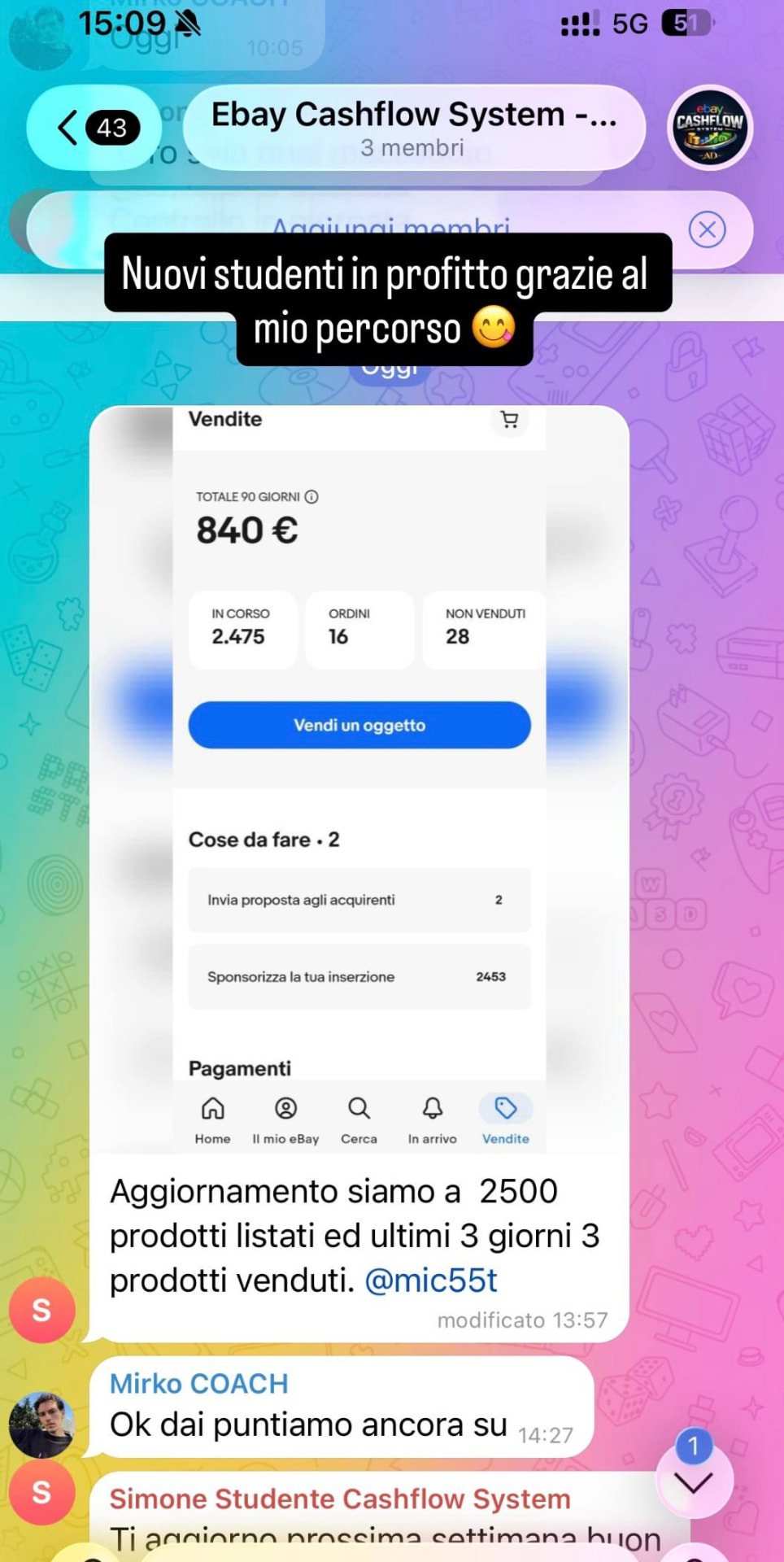 Screenshot testimonianza studente eBay Cashflow System 4